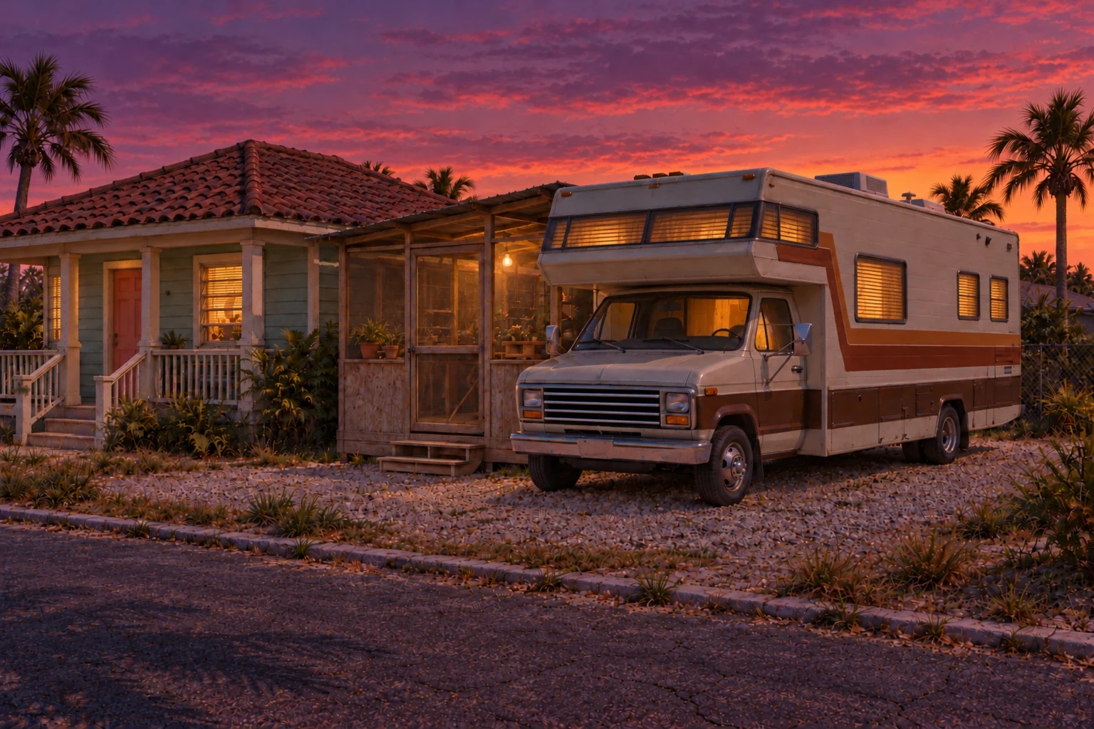 An aged cream-and-brown RV beside a small Florida bungalow, under a coral dusk sky.